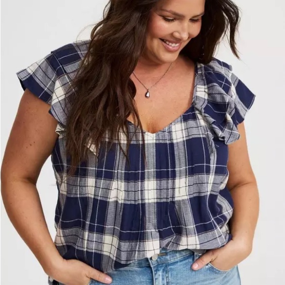 torrid Navy and White Plaid Flutter-Sleeve Top